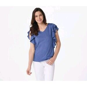 NWOT‎ Belle Kim Gravel Slub Knit Double Ruffle V-Neck Top Indigo Sz M 229
